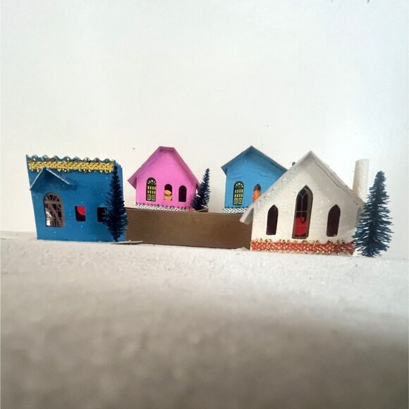 Vintage Putz Houses, Glittery Cardboard Christmas Decorations, Set Of 4,  Bottle - Picture 2 of 9